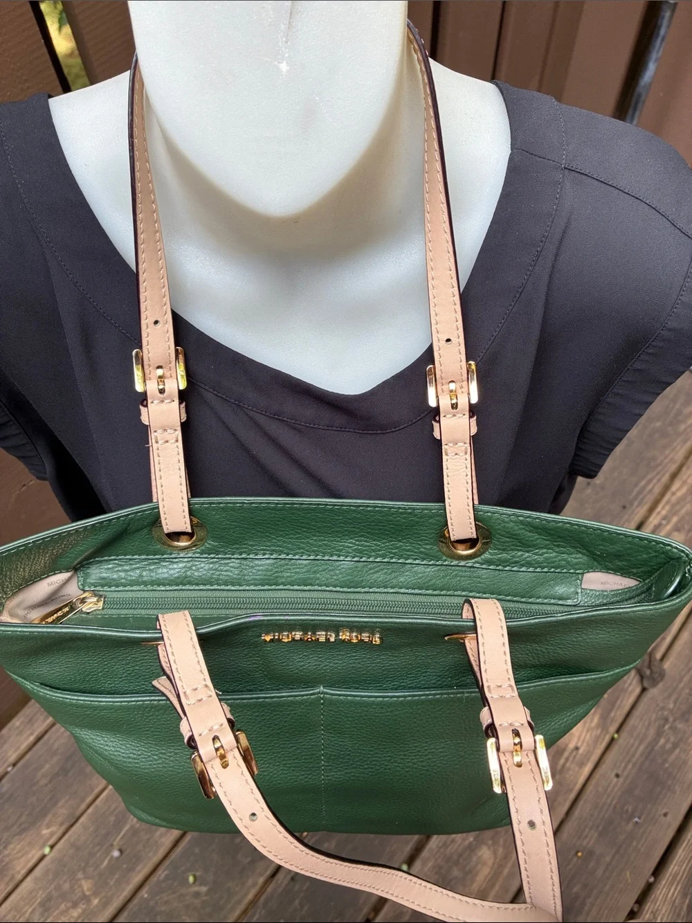 Michael Kors Green Leather Medium Tote with Tan Straps